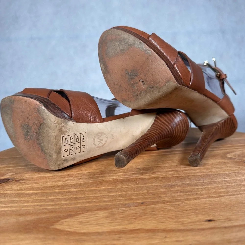 Michael Kors Platform Sandals Womens 8M Brown Good Leather Ankle Strap ST15A